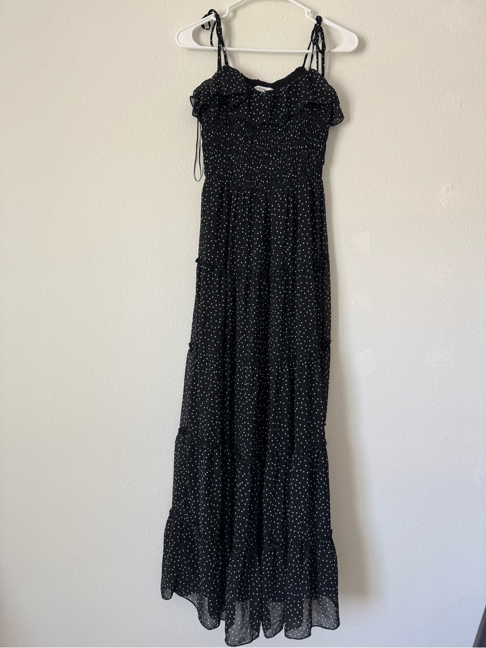 Black Polka Dot Smocked Maxi Dress with Tie Straps